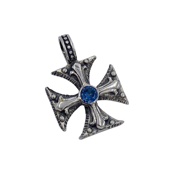 Cortez Cross with Blue Zircon Stone  on Medium Medieval Chain Necklace