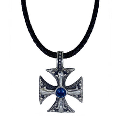 Cortez Cross with Blue Zircon Stone on Leather Necklace