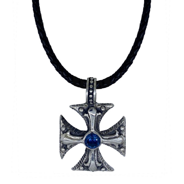 Cortez Cross with Blue Zircon Stone on Leather Necklace