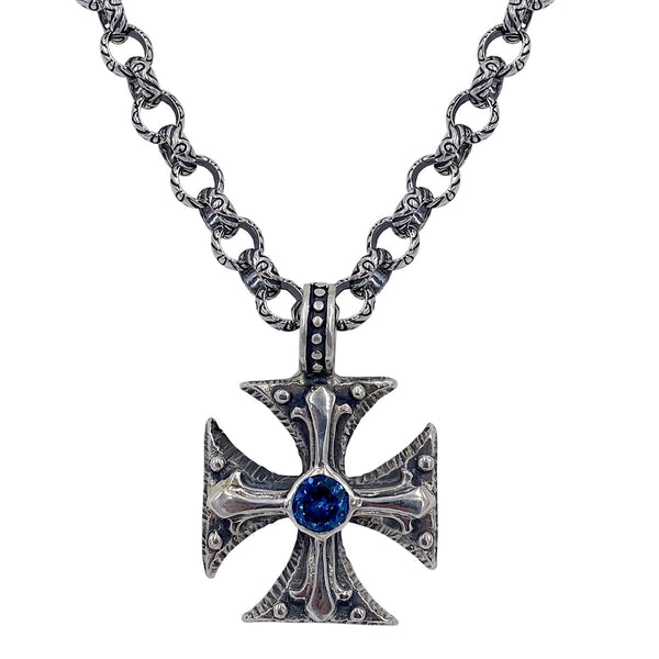 Cortez Cross with Blue Zircon Stone on Monarch Chain Necklace