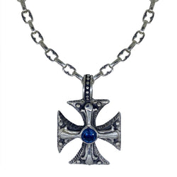 Cortez Cross with Blue Zircon Stone  on Medium Medieval Chain Necklace